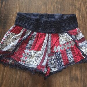 No Boundaries Red and Navy Patchwork High Waist Shorts